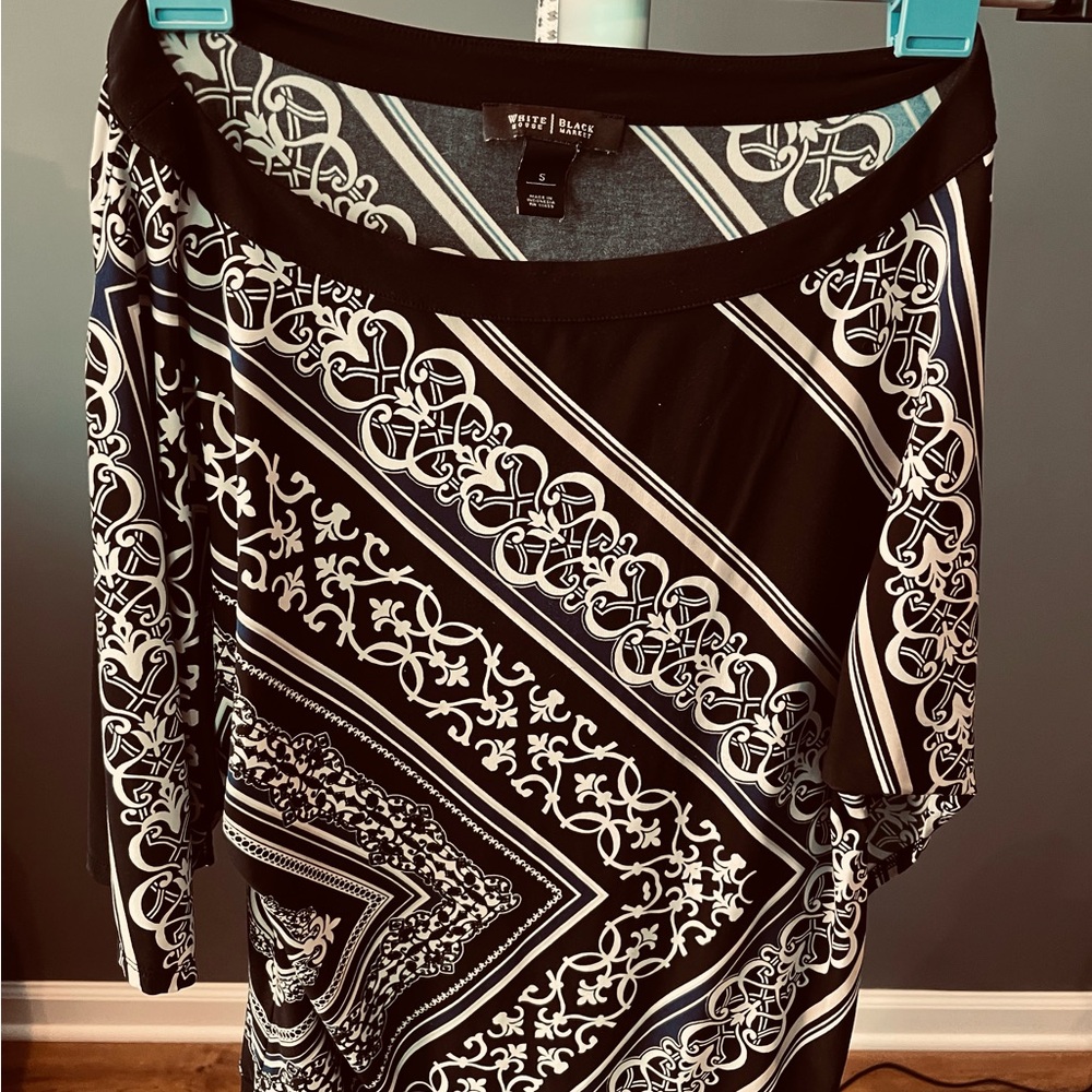 WHBM Black and White and Blue Patterned Top